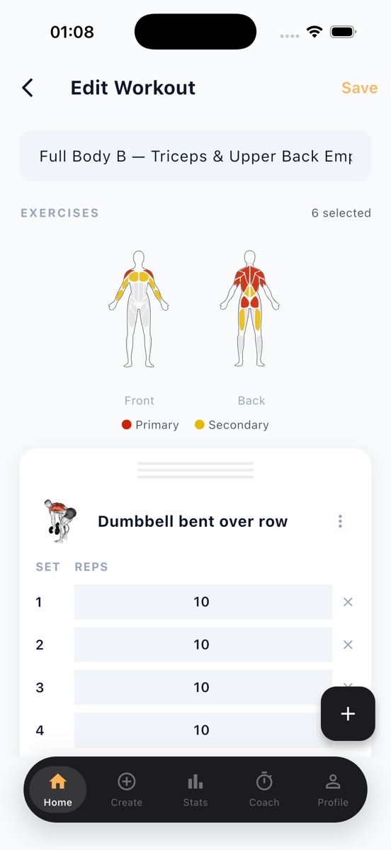 The rackd. workout builder with six exercises selected: the body map above the exercise list, muscles marked red for primary and yellow for secondary.