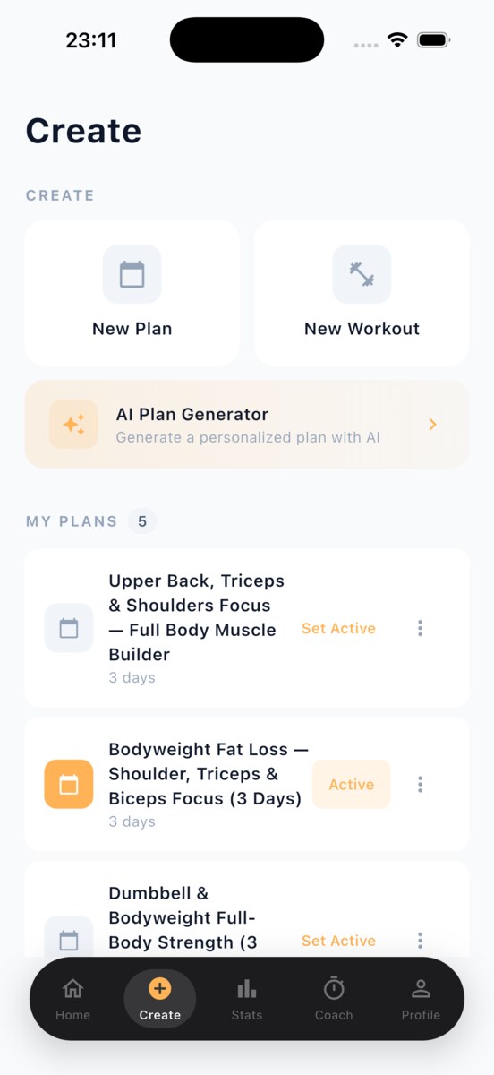 The rackd. create screen: New Plan and New Workout, the AI Plan Generator, and a list of plans it has already built.