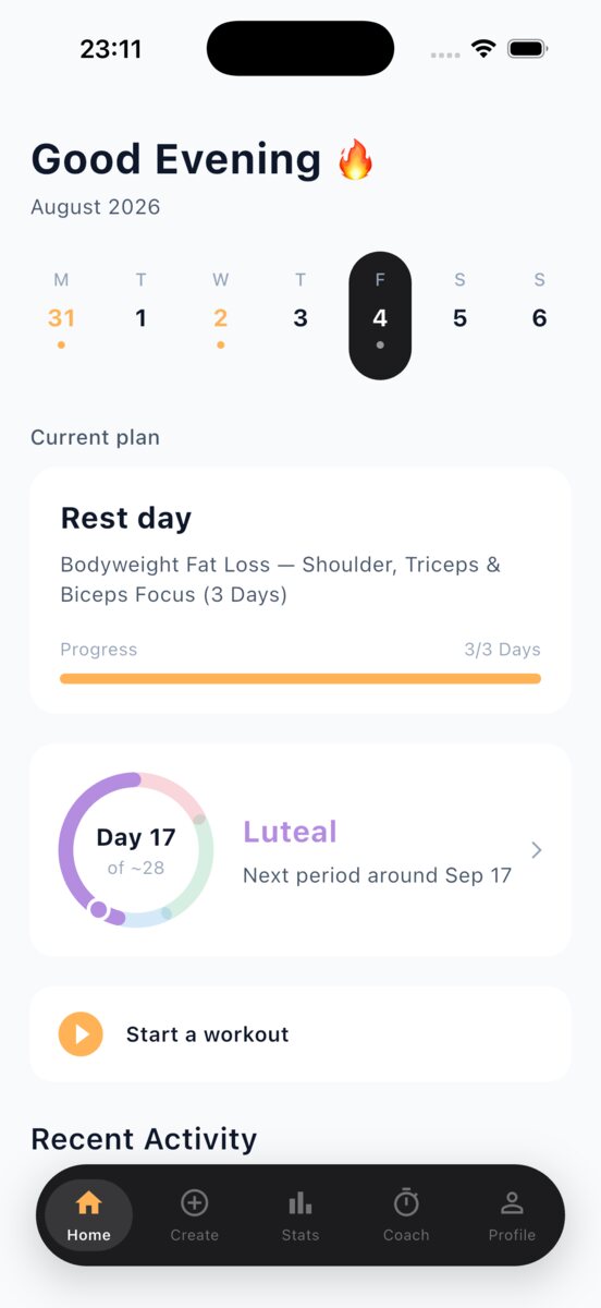 The rackd. home screen: the week across the top, the current training plan, and a ring showing day 17 of about 28, luteal phase, with the next period estimated.
